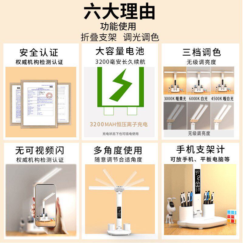 护眼小台灯学习凤扇台灯学生宿舍灯书桌寝室两用床灯