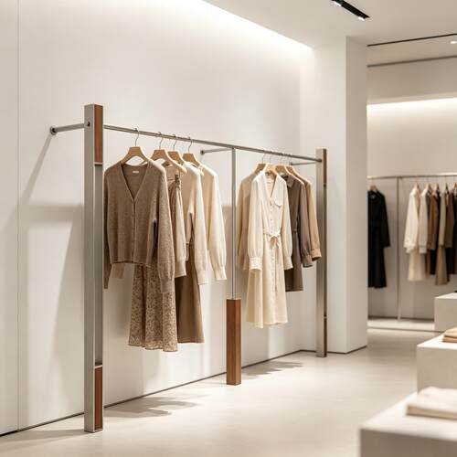 服装店展示架彷胡桃木纹上墙女装店货架不锈钢陈列架落地式挂衣杆
