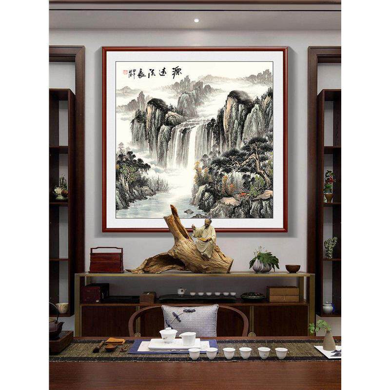 流水生财玄关画山水正方形装饰画壁画过道走廊挂画办公室背景墙画