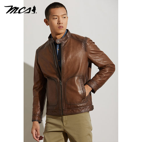 MCS修身立领咖啡色绵羊皮革皮衣