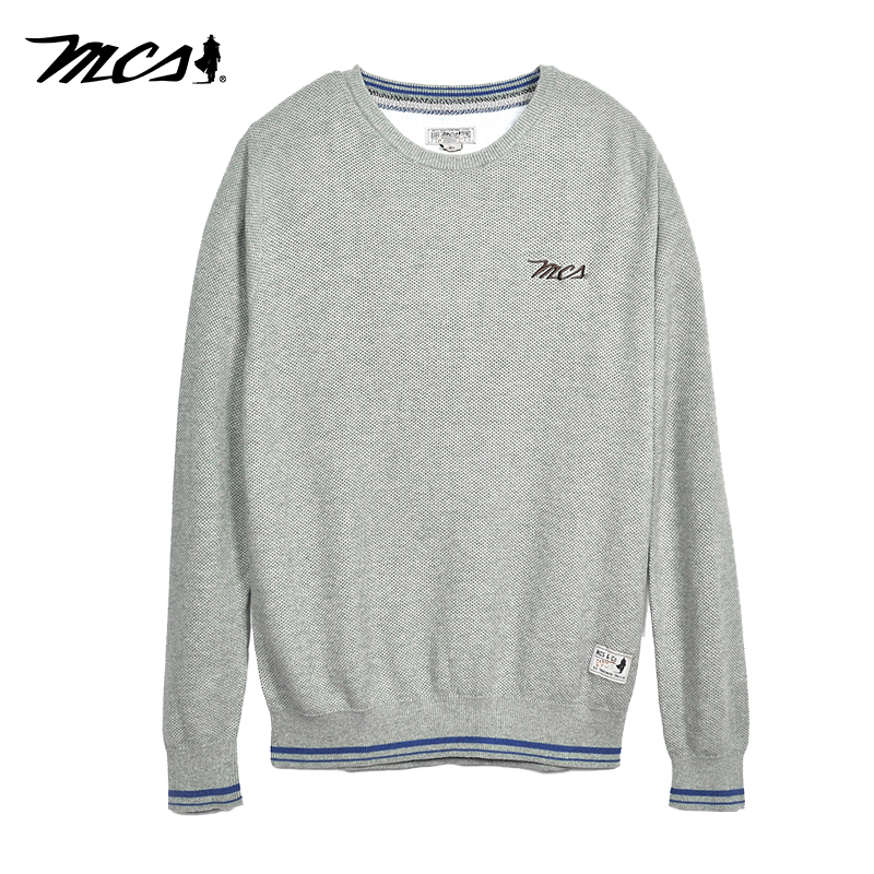 MCS男装源自万宝路美式休闲卫衣修身圆领净色提花长袖针织衫