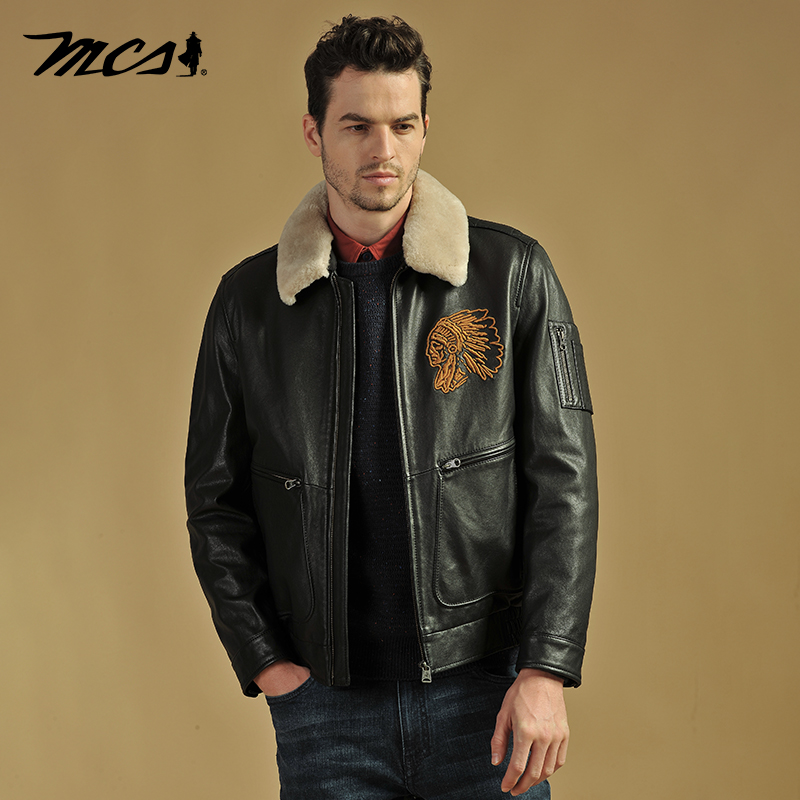 MCS可脱卸翻毛领绣花绵羊皮皮衣