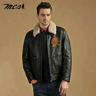 MCS男装源自万宝路秋冬款可脱卸翻毛领绣花短款绵羊皮革真皮皮衣