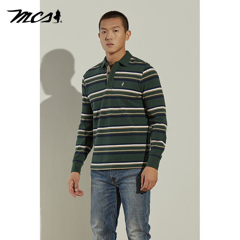 MCS男装纯棉透气条纹长袖POLO衫