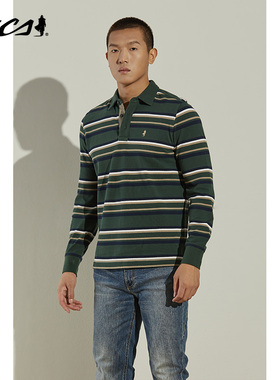 MCS男装源自万宝路春秋款横间条纹长袖T恤纯棉透气商务长袖POLO衫