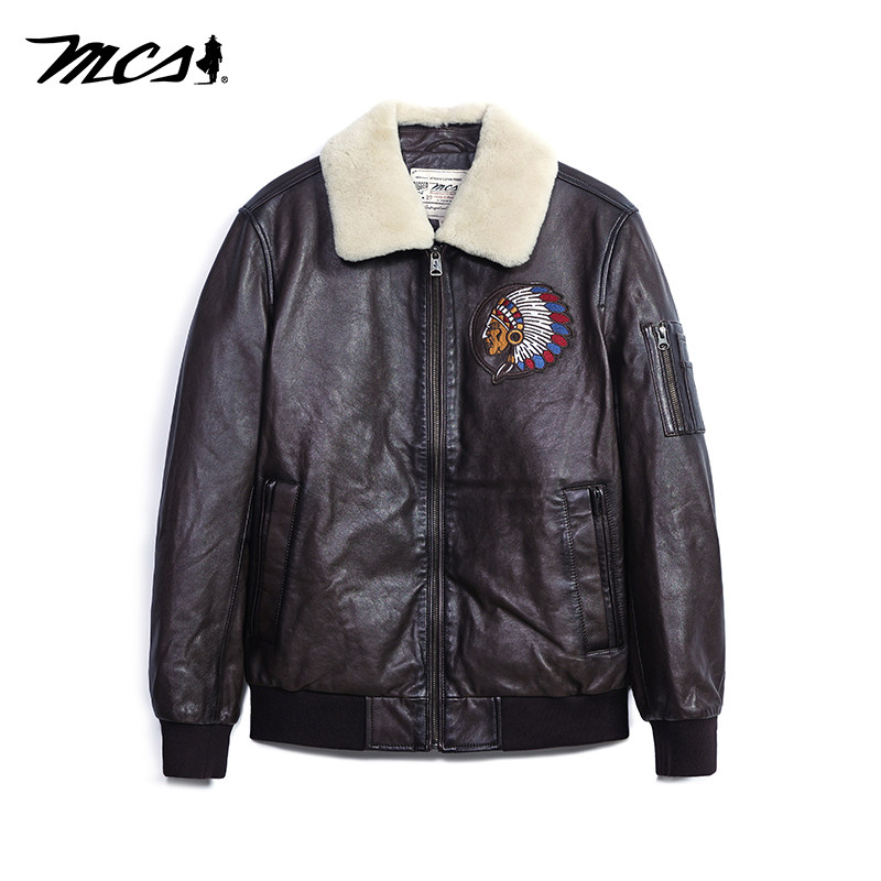 MCS户外休闲保暖毛领皮衣外套男