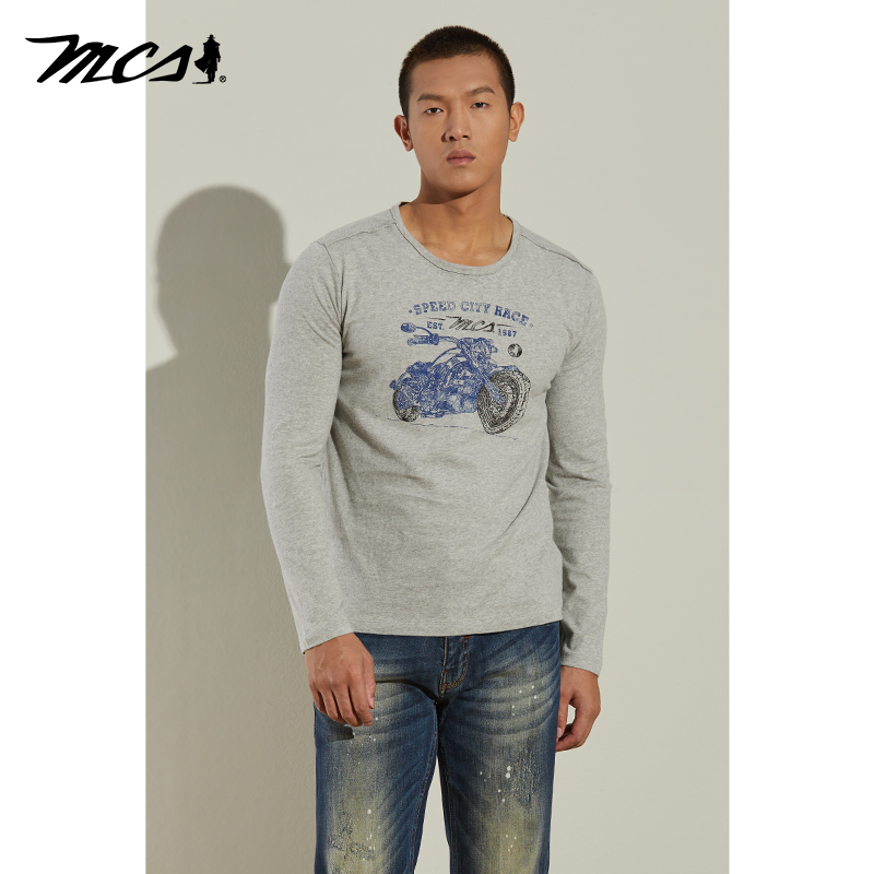 MCS男装美式休闲印花纯棉长袖T恤