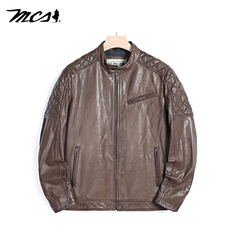 MCS修身版立领短款绵羊皮革皮衣