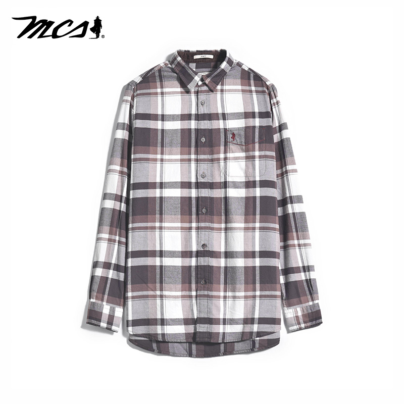 MCS单袋纯棉舒适格子长袖衬衫男