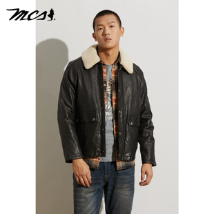 时尚 MCS男装 短款 翻领插肩袖 休闲羊皮真皮皮衣 源自万宝路秋冬新款
