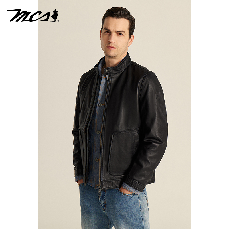 MCS机车复古立领短款皮衣夹克男