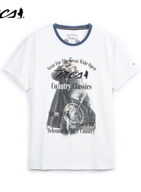 MCS男装源自万宝路夏季潮流机车修身圆领印花全棉竹节净色短袖T恤