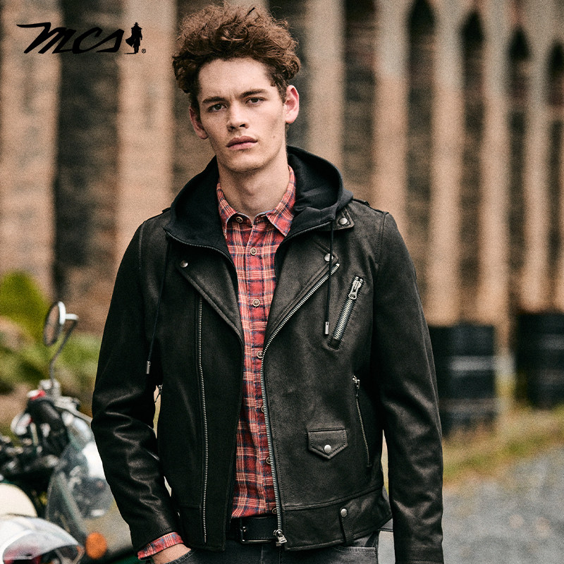 MCS山羊皮连帽时尚修身皮衣夹克