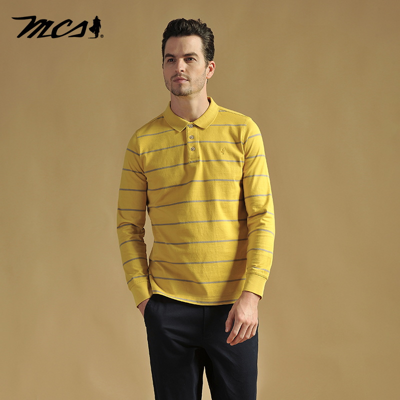 MCS纯棉柔软商务条纹长袖T恤衫男