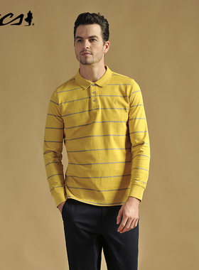 MCS男装源自万宝路春秋款商务休闲POLO领T恤纯棉柔软条纹长袖衬衣