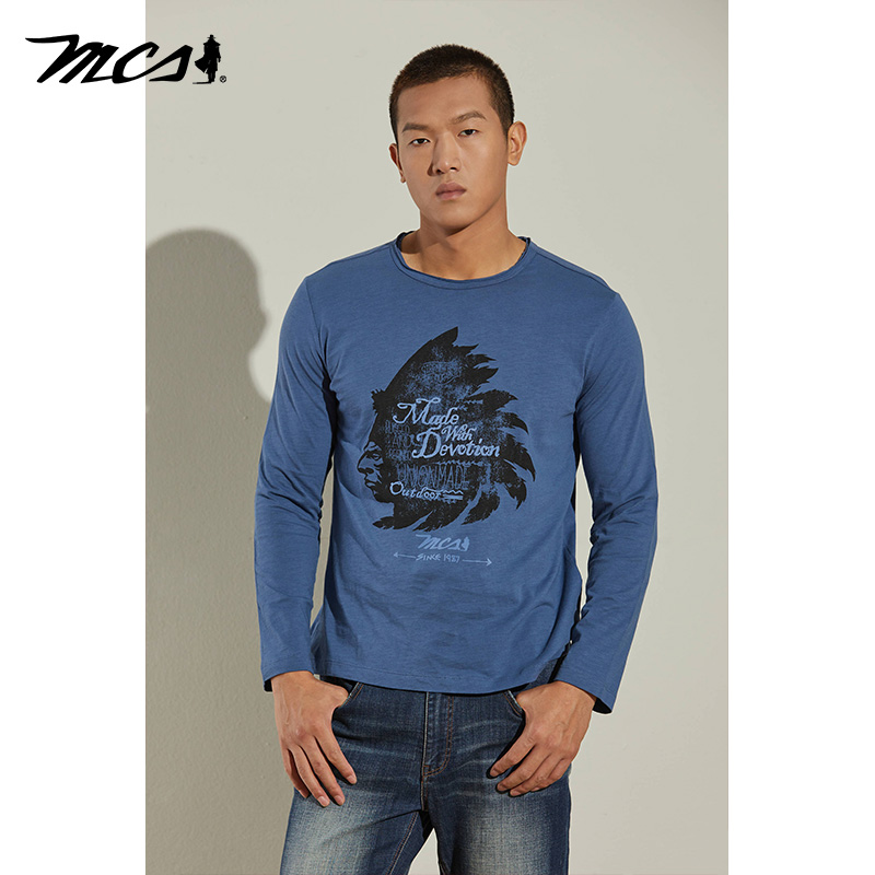 MCS男装复古纯棉圆领印花长袖T恤