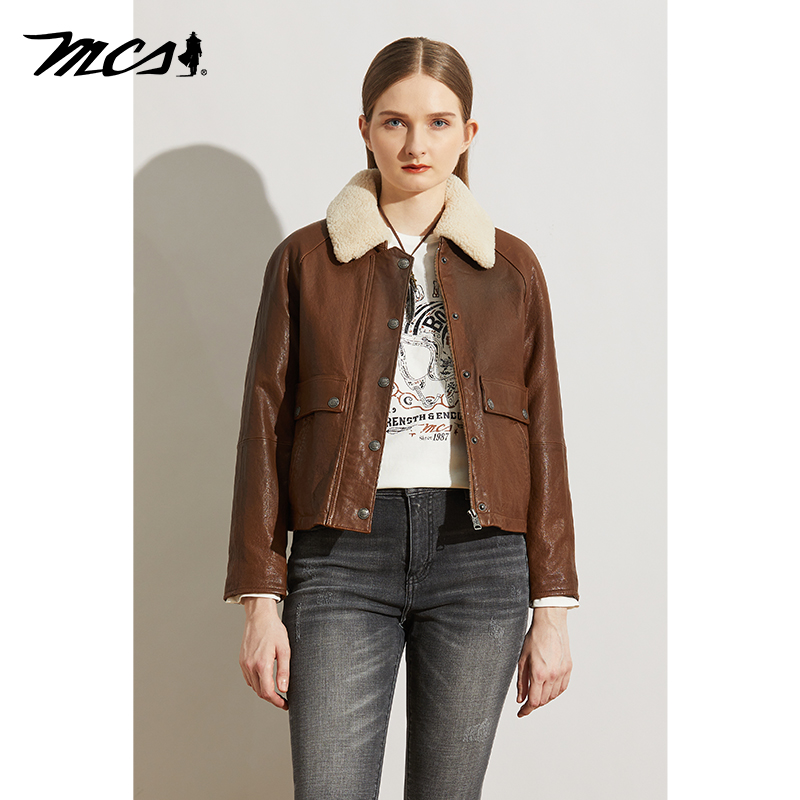 MCS翻毛领短款羊毛革真皮皮衣女