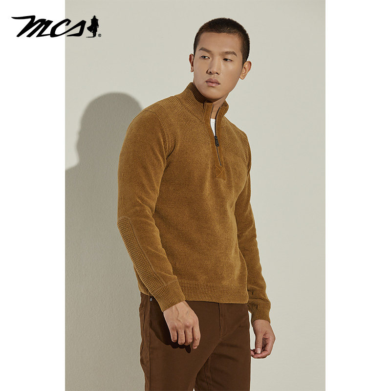 MCS男装源自万宝路纯棉休闲毛衣合身拉链樽领提花长袖针织衫