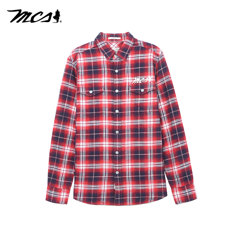 MCS男装源自万宝红色格子衬衫男春季潮牌宽松美式复古衬衣长袖