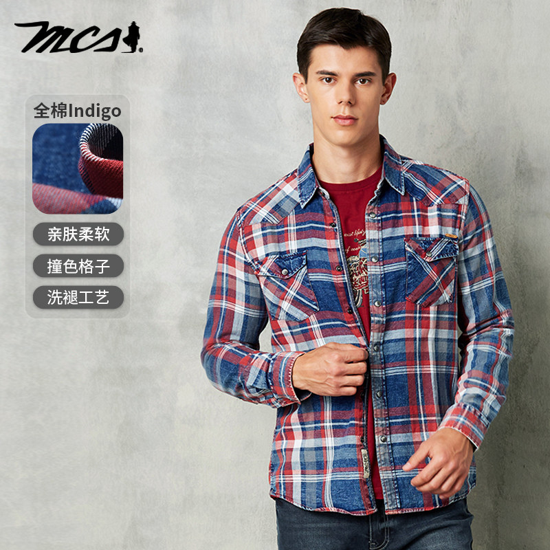 MCS男装源自万宝路春秋款棉INDIGO双袋双盖斜纹长袖衬衫休闲衬衣,男装,衬衫,淘宝优惠券,粉丝福利购,淘宝优惠卷