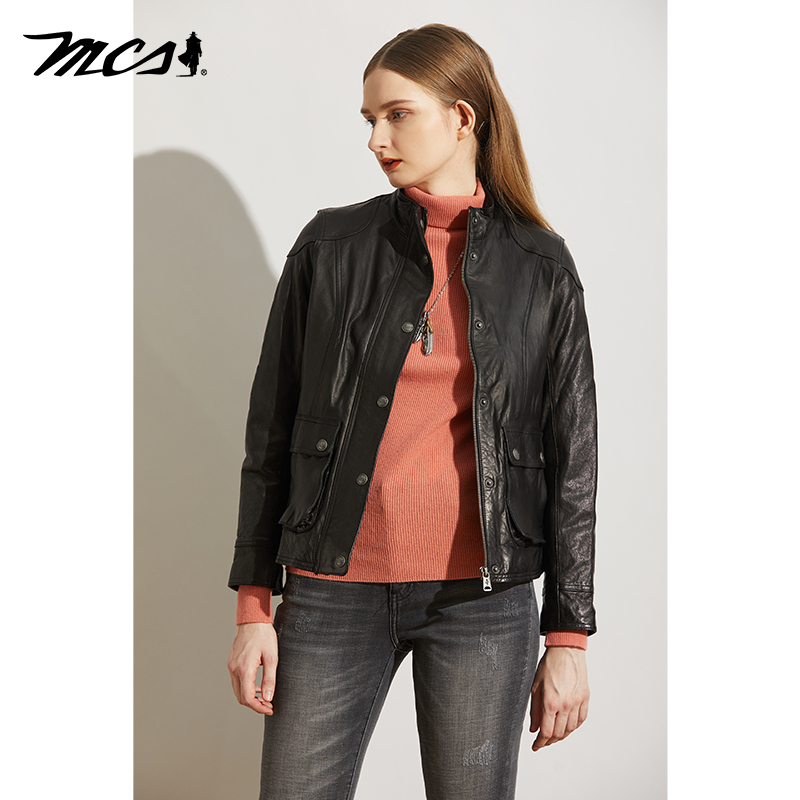 MCS短款立领机车风羊皮羽绒皮衣