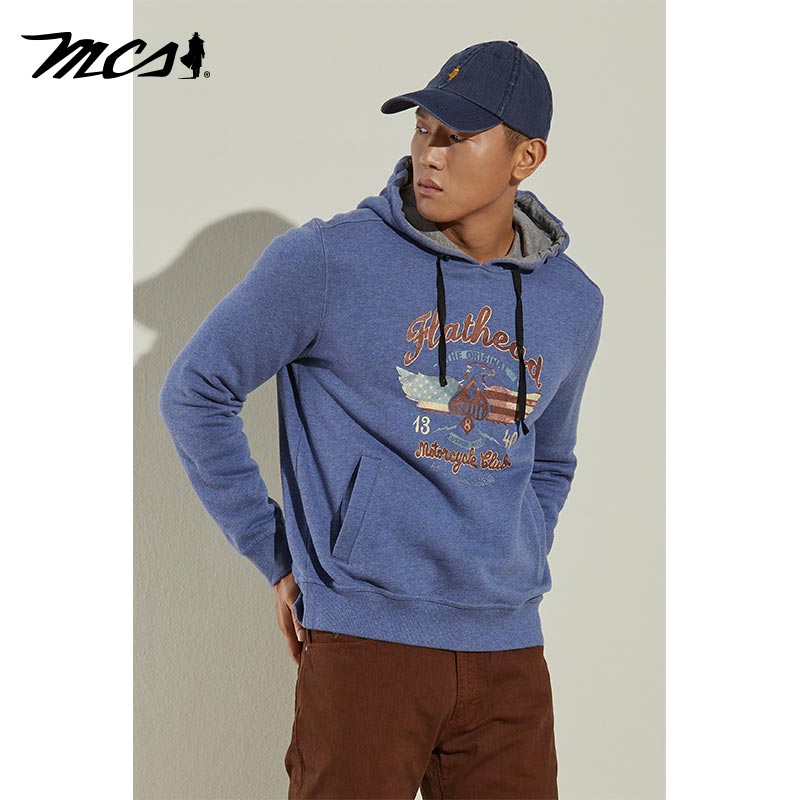 MCS合身做旧纯棉连帽印花卫衣男