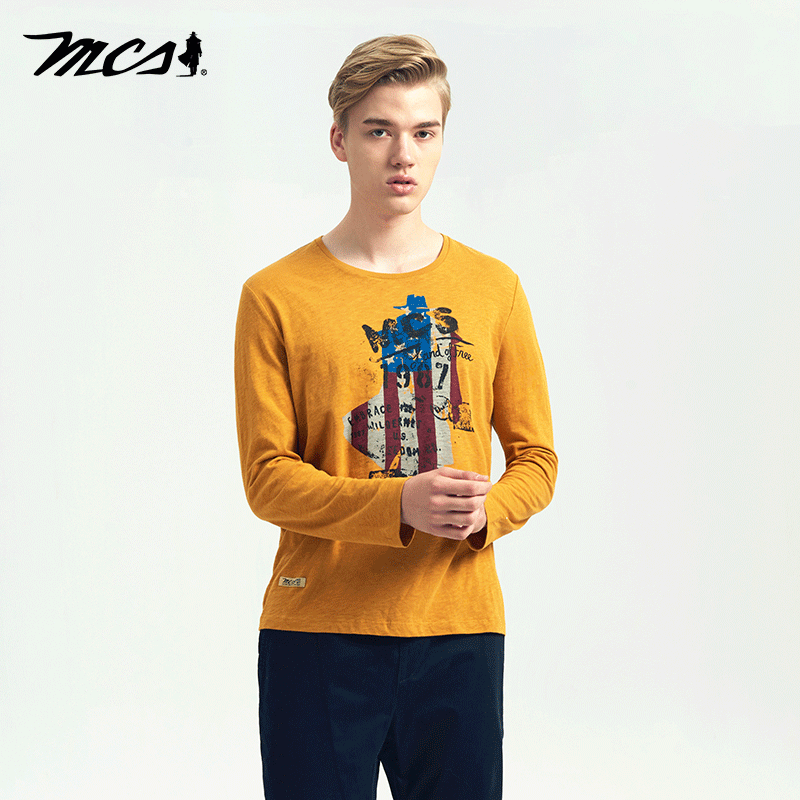 MCS男装源自万宝路秋季美式休闲合身版圆领印花做旧纯棉长袖T恤衫,男装,T恤,淘宝优惠券,粉丝福利购,淘宝优惠卷
