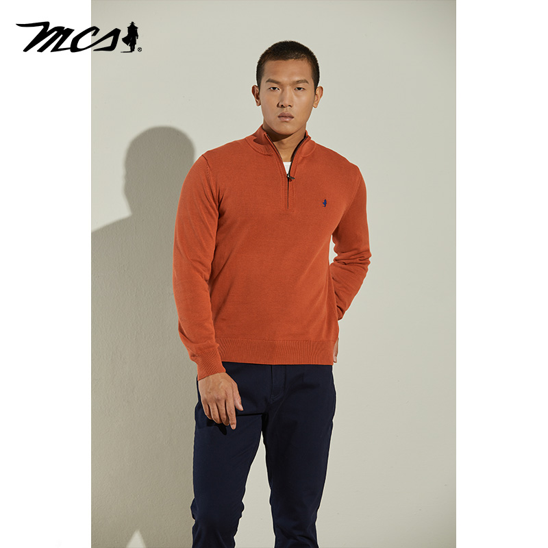 MCS男装源自万宝路纯棉休闲毛衣修身石磨洗拉链樽领长袖针织衫