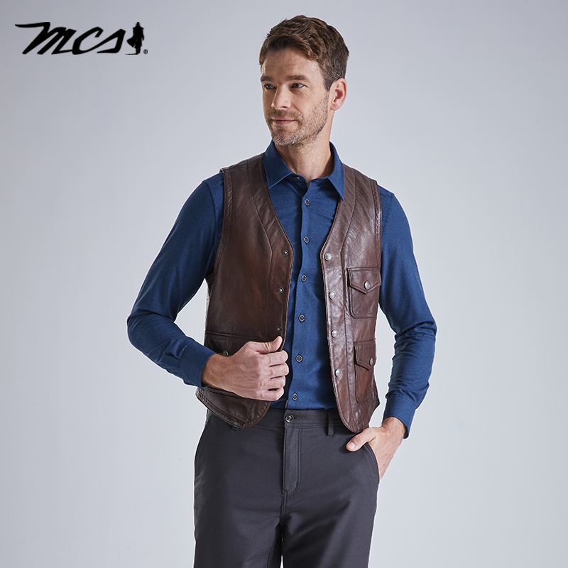 MCS修身V领净色一片筒短款皮背心