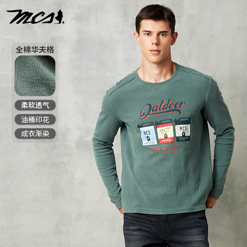 MCS美式复古印花纯棉圆领长袖T恤