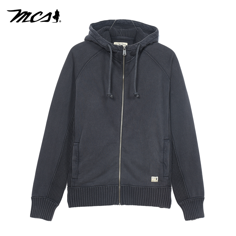 MCS男装源自万宝路春秋款针织休闲上衣男士连帽开衫纯色卫衣