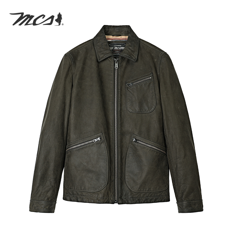 MCS擦色牛皮91-B工装翻领皮衣男
