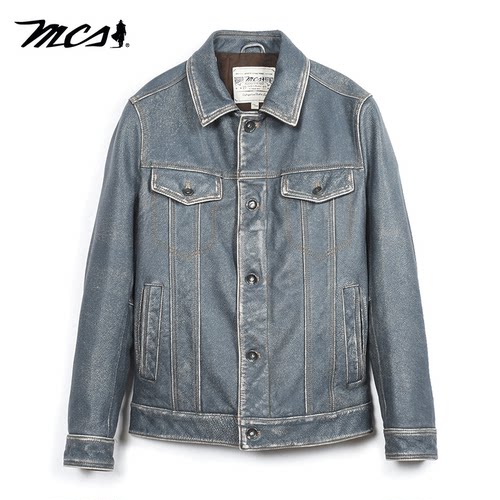 MCS翻领做旧牛仔衣款牛皮革皮衣