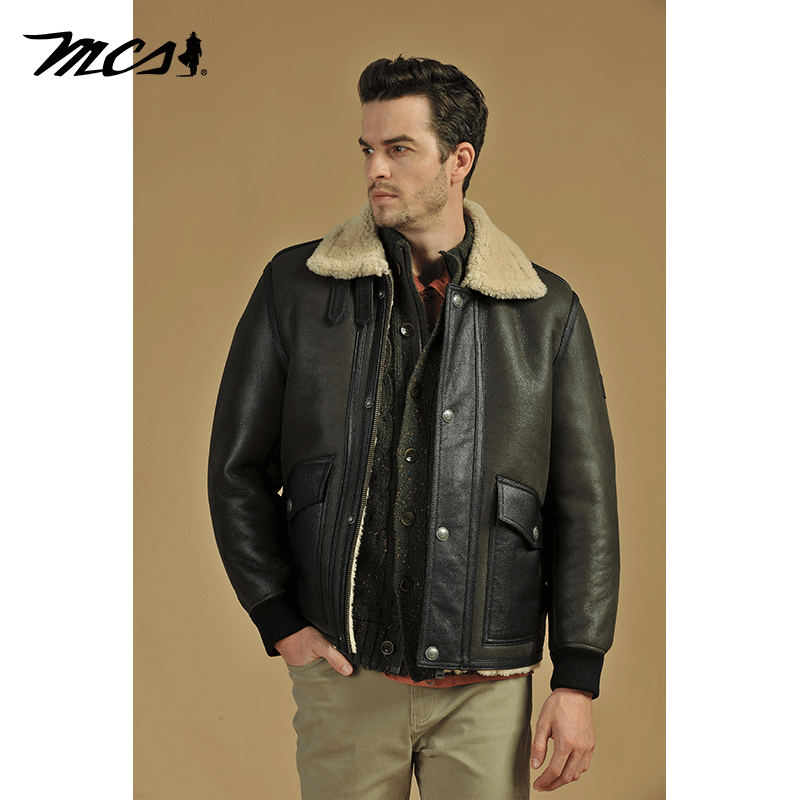 MCS合身翻毛领皮毛一体羊皮皮衣