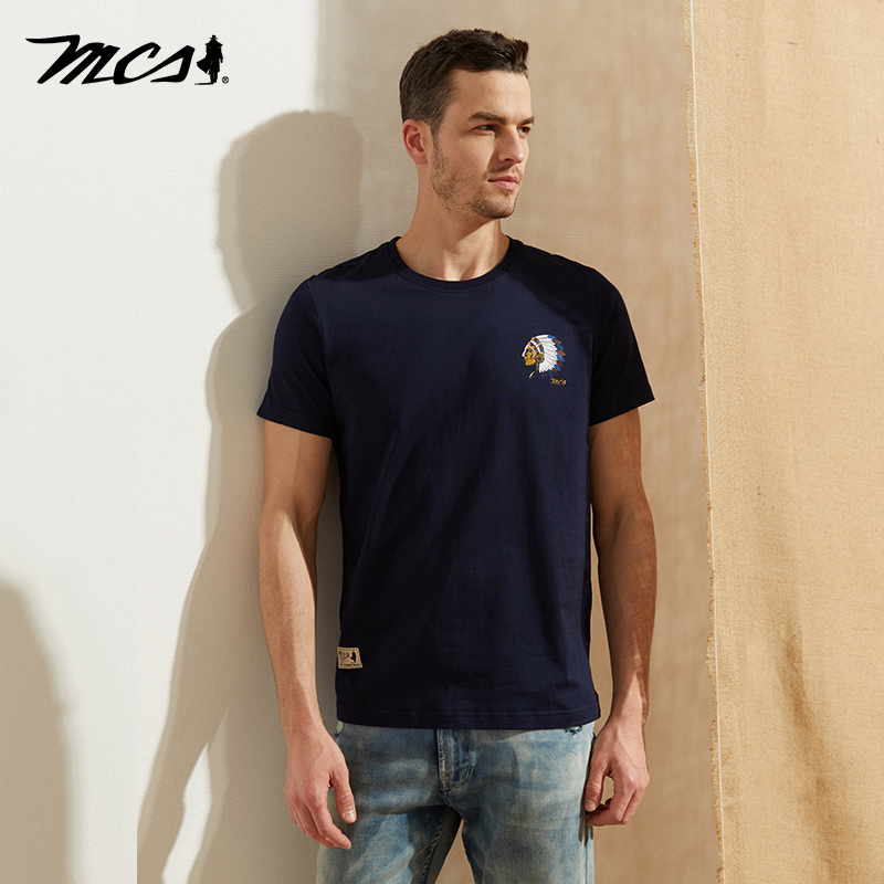 MCS纯棉美式休闲圆领纯色短袖T恤