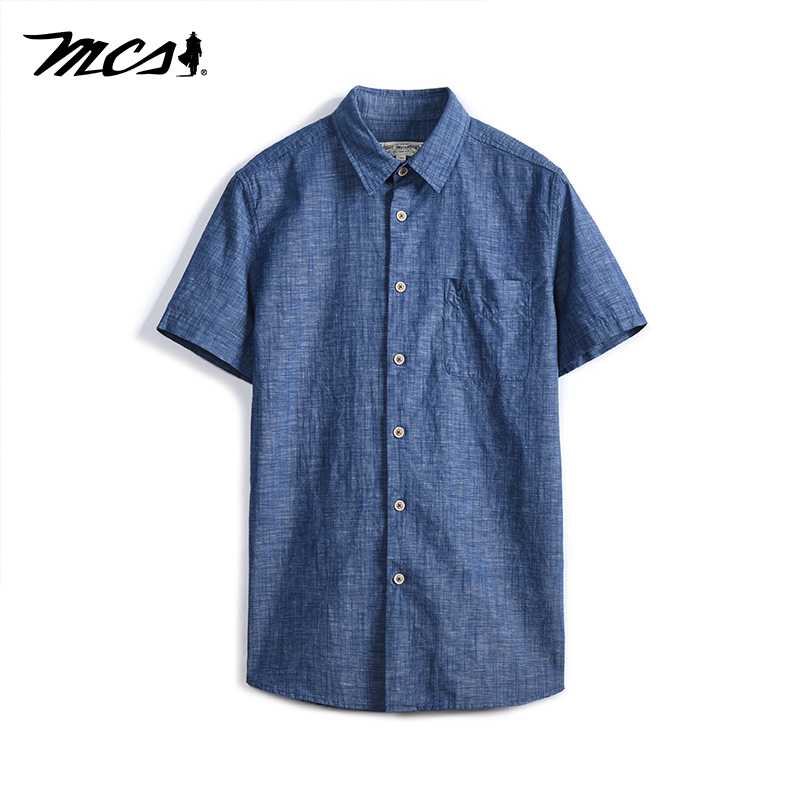 MCS男装源自万宝路夏季男款棉麻休闲短袖美式复古做旧衬衫