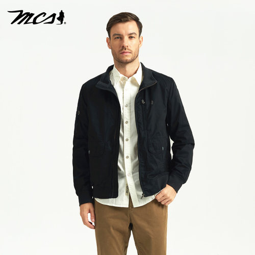 MCS男装源自万宝路时尚商务黑色外套修身立领罗纹下摆单夹克
