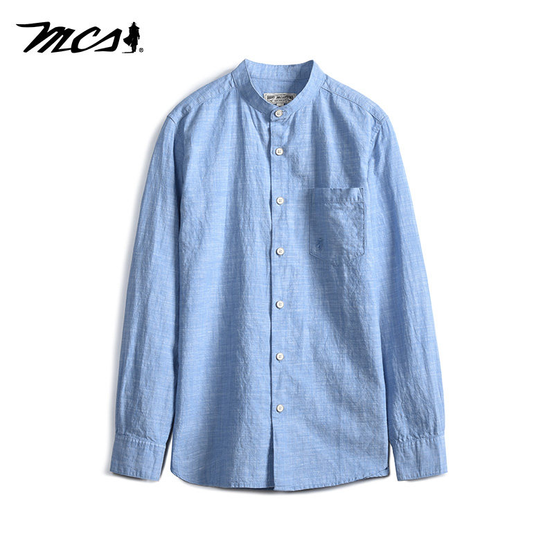 MCS男装源自万宝路春夏款亚棉立领衬衣男士时尚纯色百搭衬衫