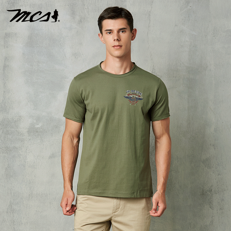 MCS修身版圆领局部印花短袖棉T恤