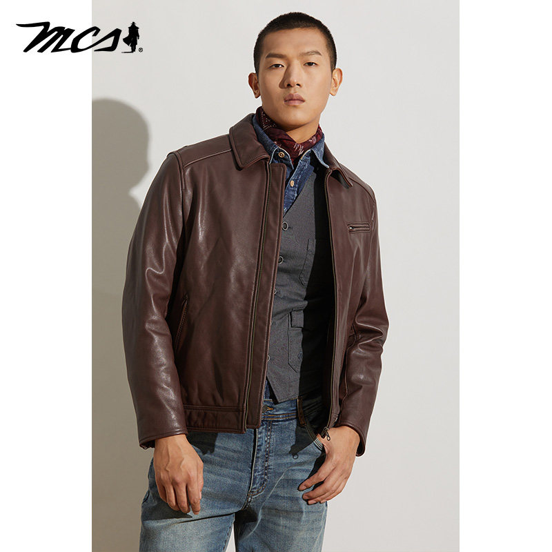 MCS百搭机车风翻领牛皮皮衣夹克