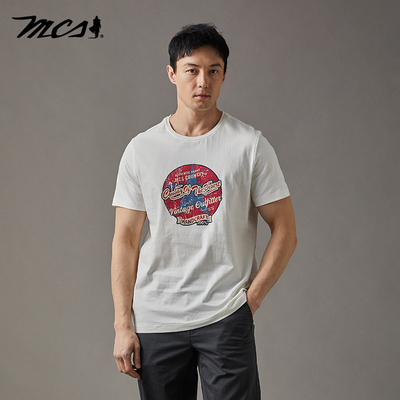 MCS复古风印花纯棉纯色圆领短袖