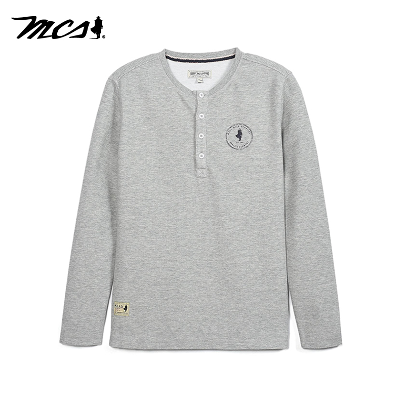 MCS男装纯色美式亨利领长袖T恤衫
