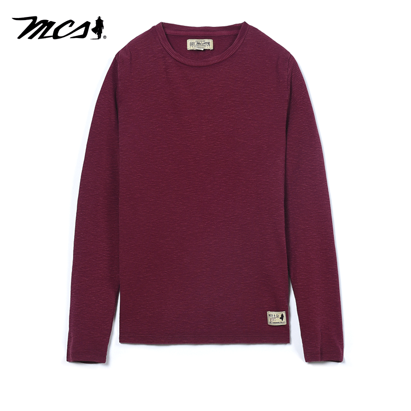 MCS合身罗纹圆领净色长袖纯棉T恤