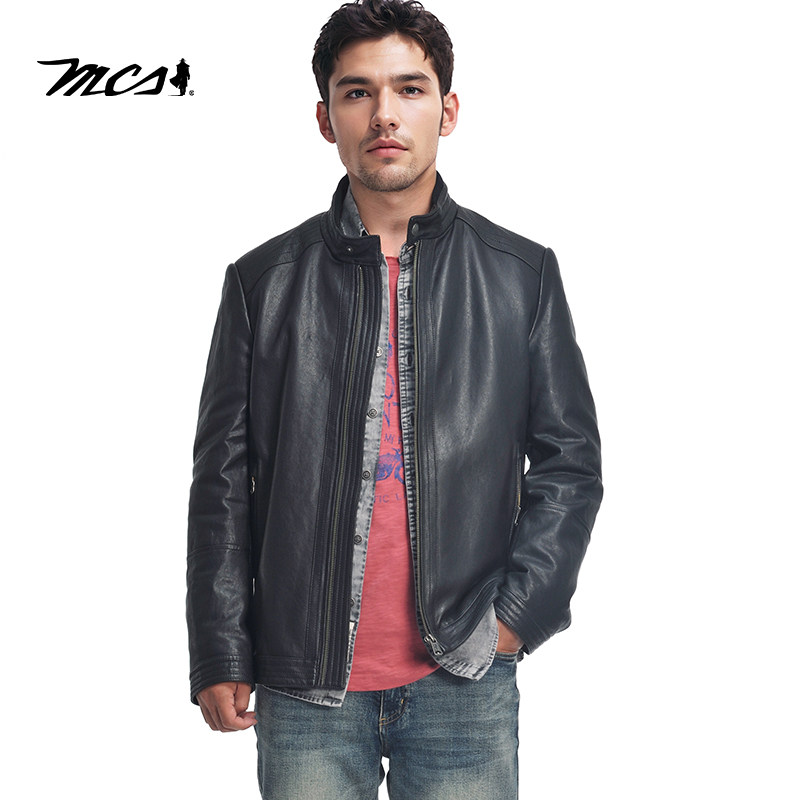 MCS绵羊皮立领修身机车羽绒皮衣