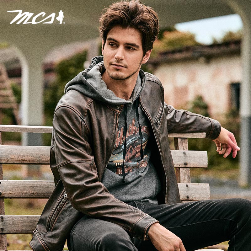 MCS复古做旧机车牛皮立领皮衣男