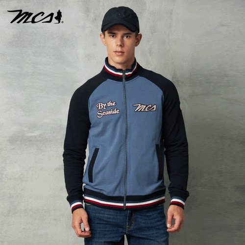 MCS宽松立领拼色美式街头卫衣男