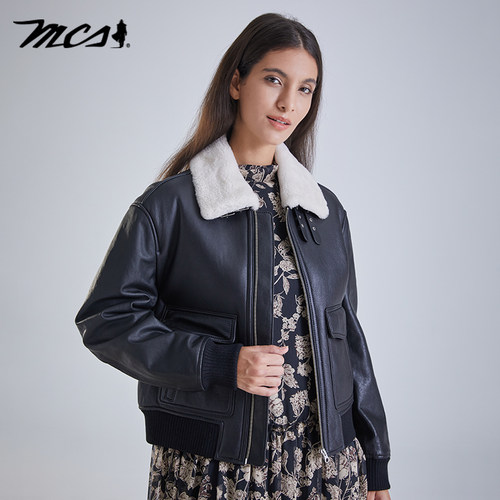 MCS毛领保暖羊皮革真皮皮衣女士