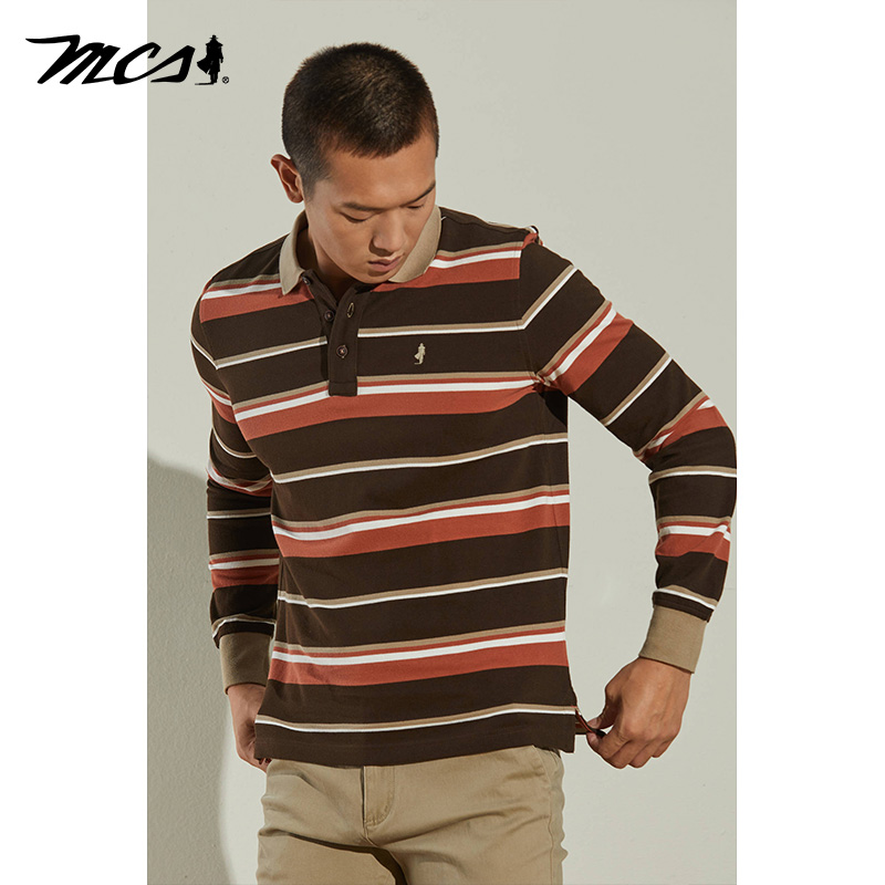 MCS男装纯棉亲肤休闲条纹长袖T恤