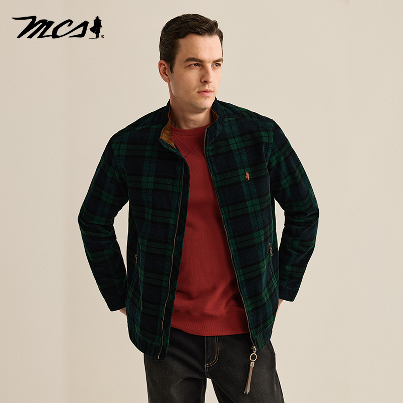 MCS立领灯芯绒保暖格子夹克外套