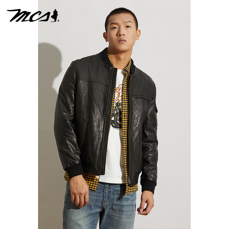 MCS棒球领机车街头真皮皮衣夹克